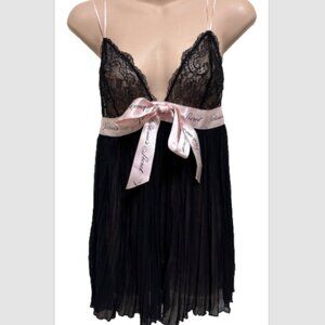 Victoria Secret Lingerie Babydoll Black/Pink Ribbon Logo Pleated Lace Wireless L